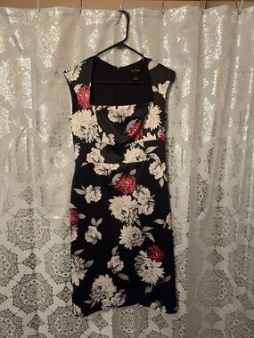 White House Black Market Black Midi Dress with Red & White Floral Print